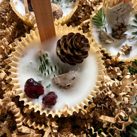 Handmade fire starter in gold cupcake liners, nestled in brown crinkle paper filler. Each fire starter features a wooden stick, a pinecone, dried greenery, and dried cranberries on a white base.
